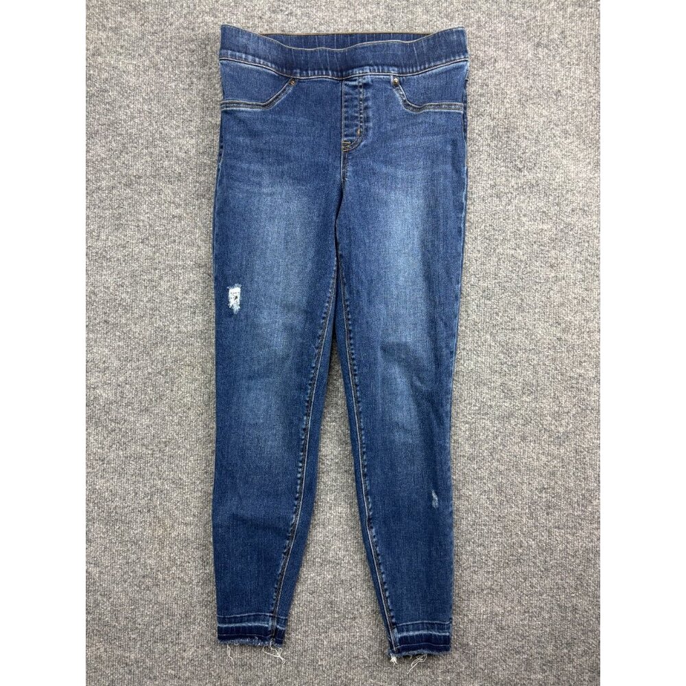 Spanx Pull On Jeans Women's Small Skinny Elastic Waist Distressed‎ Blue Denim